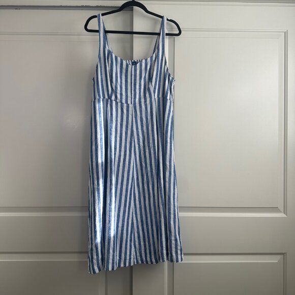 Fit & Flare Blue & White Striped Linen-Blend Midi Tank Dress XL Petite - Picture 3 of 9